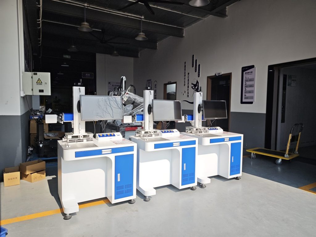Custom desktop fiber laser marking system with side marking configuration for conveyor line