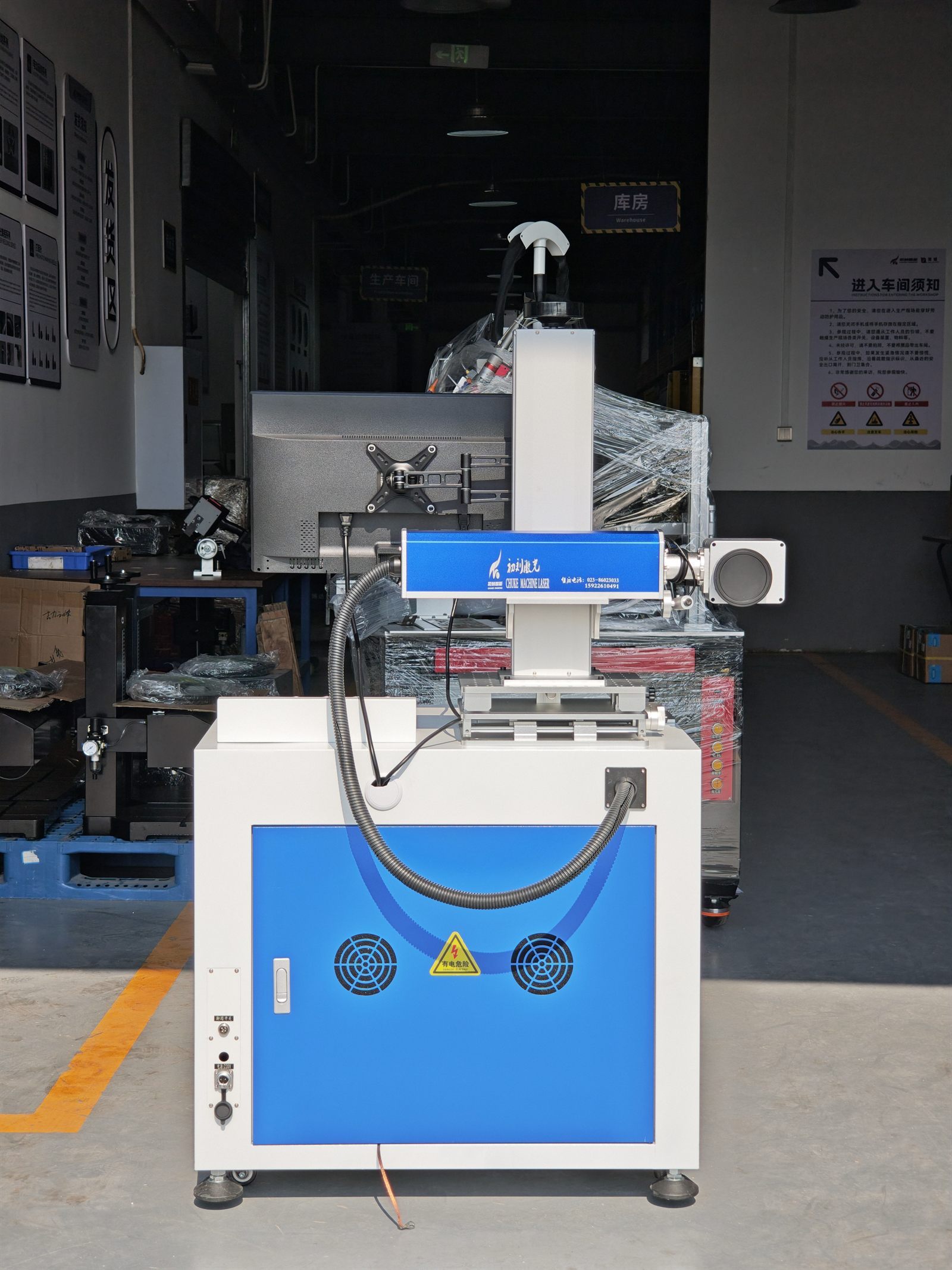Custom desktop fiber laser marking system front view with marking head and control interface