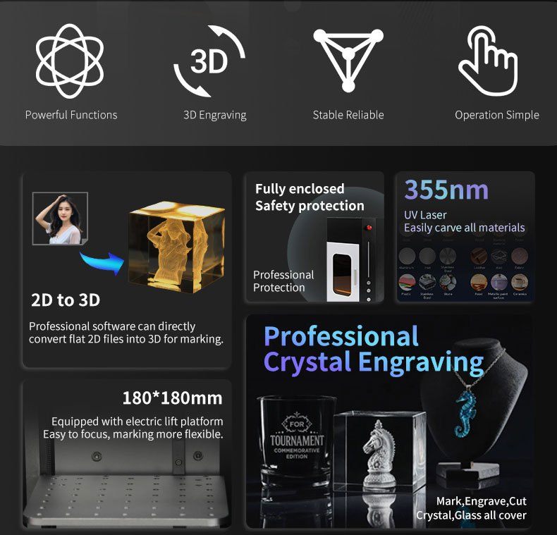 Professional crystal engraving features for UV laser subsurface engraving