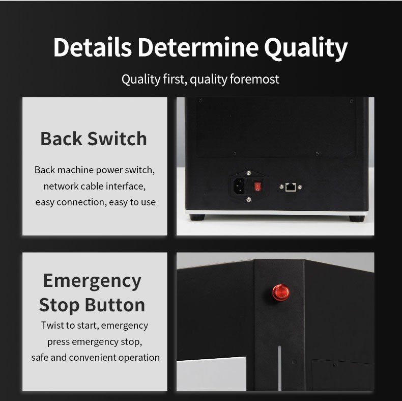 Back switch and emergency stop button details of enclosed UV laser engraver