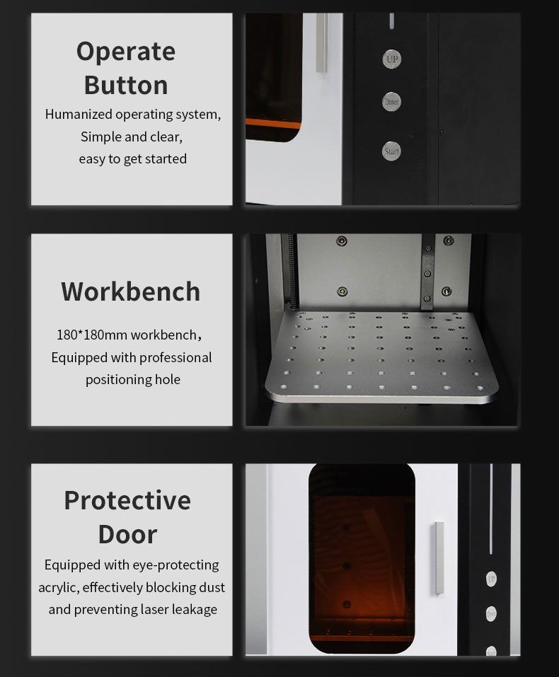 Operate button workbench and protective door details on enclosed laser engraver