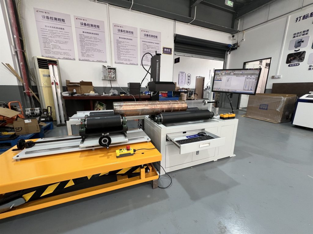 Custom diamond dot peen marking workstation prepared for long oil drill pipe components