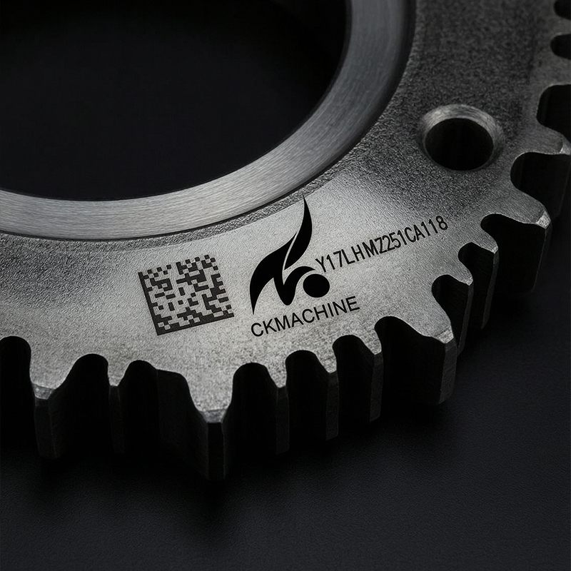 Laser marked gear with QR code for scanner grading