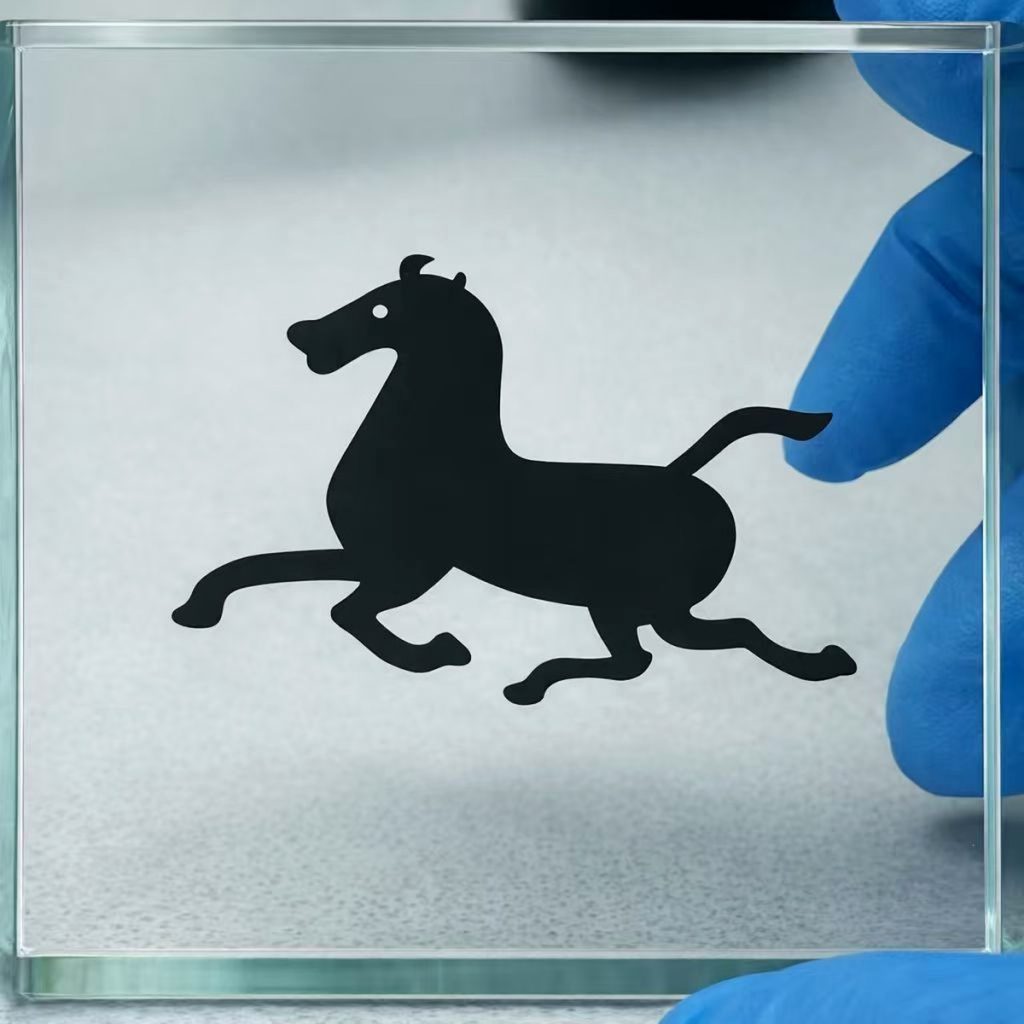 Pure black horse pattern marked on transparent glass using infrared picosecond laser target-assisted process