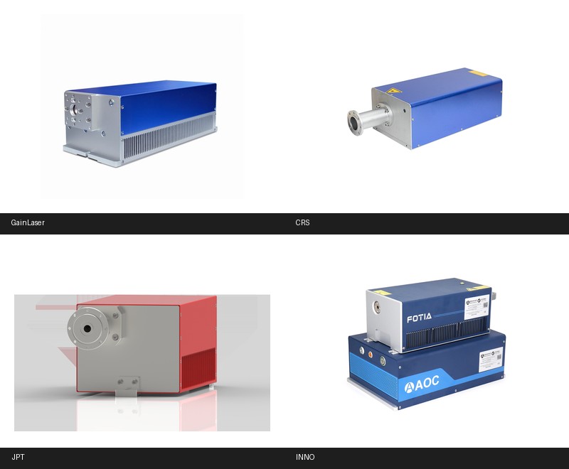 Labeled market reference examples of air-cooled UV laser source modules from GainLaser CRS JPT and INNO