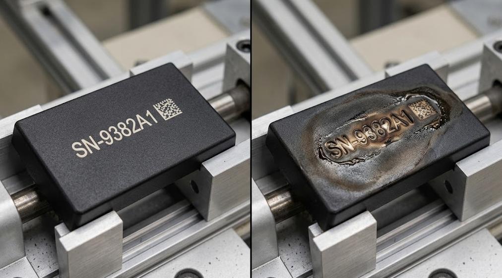 Laser marking plastic with clean results versus burning and deformation